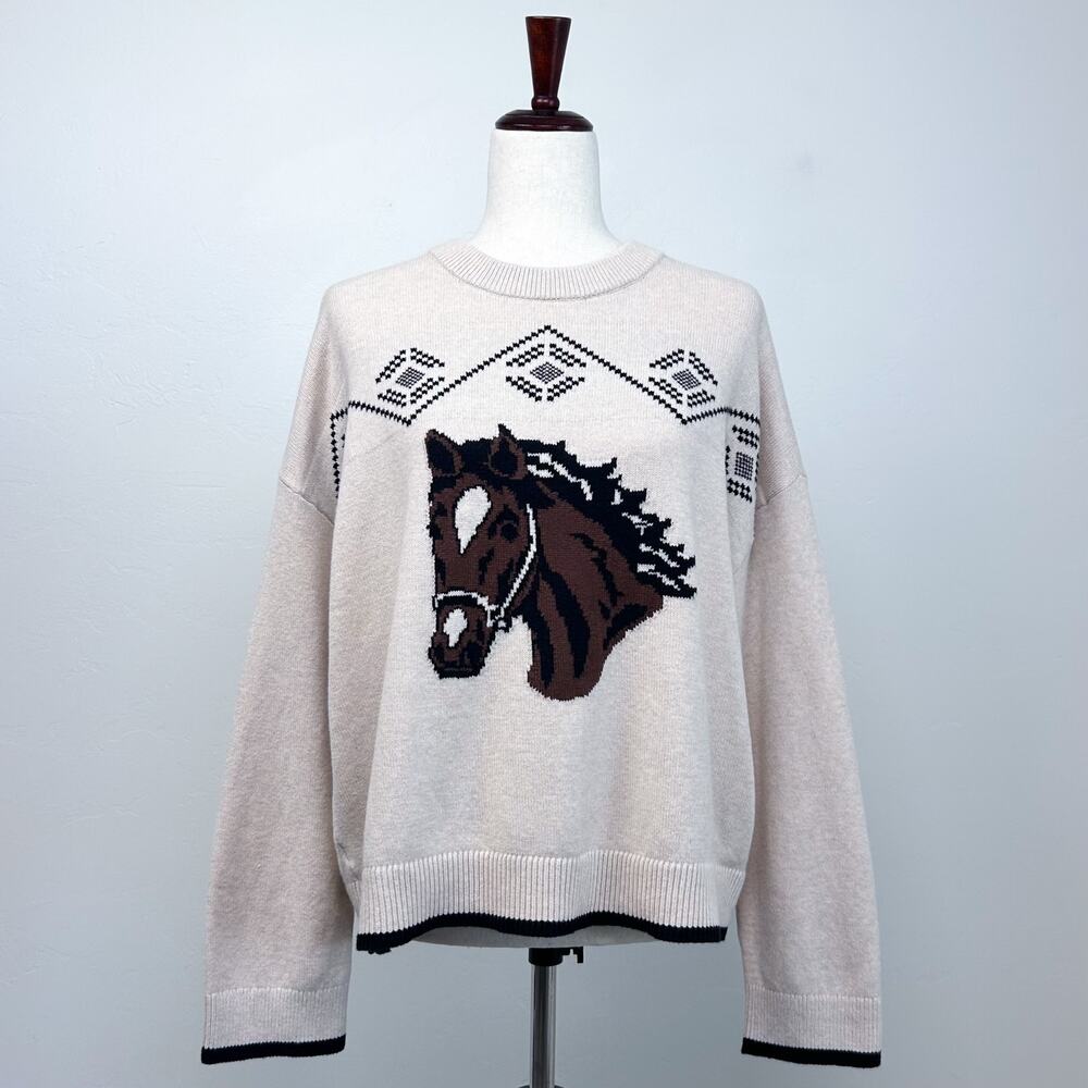 Ann Taylor LOFT Cream Horse Western Knit Crewneck Long Sleeve Sweater MEDIUM - Picture 2 of 11